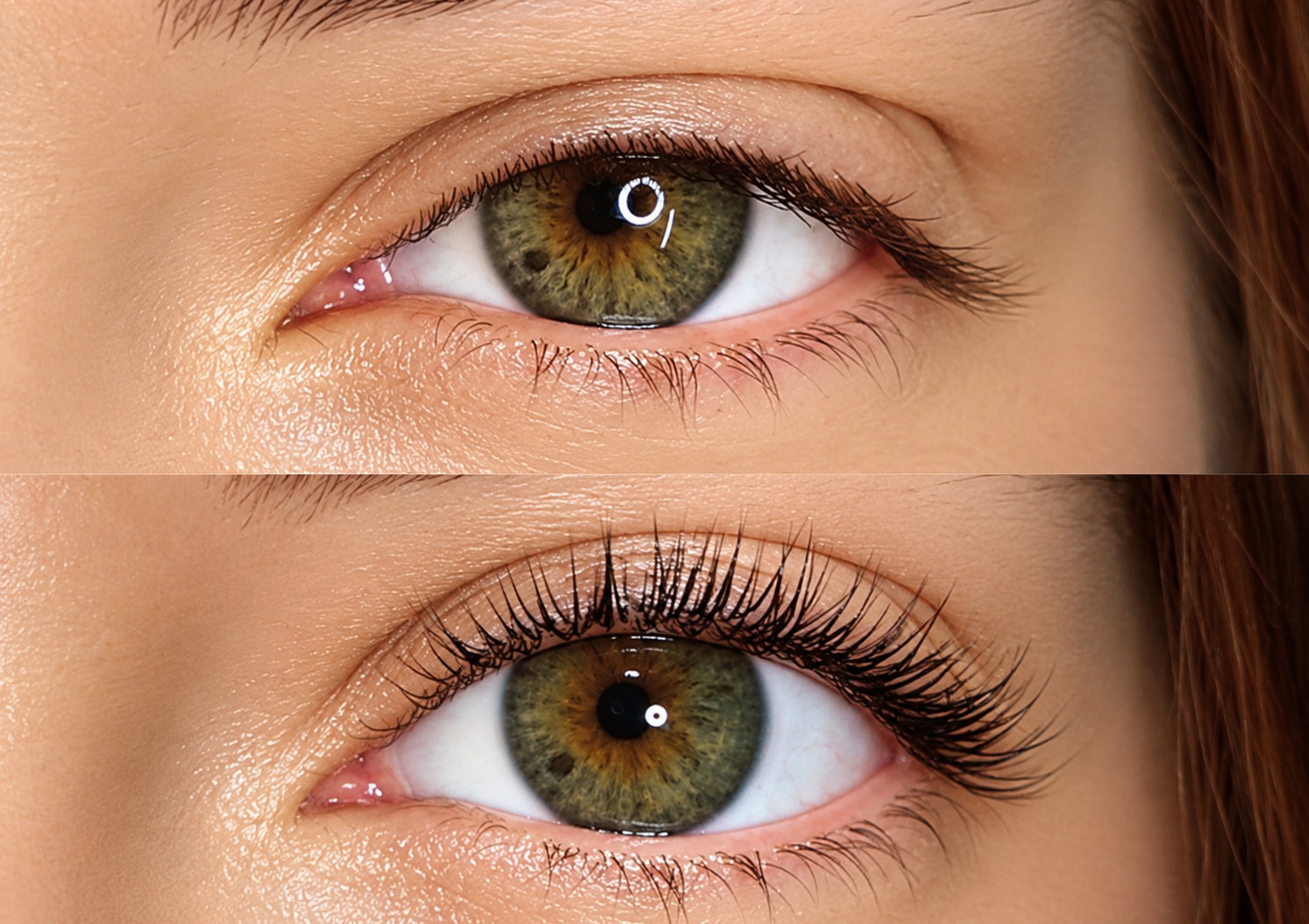 Antes e depois de lash lifting em um mesmo olho: cílios naturais retos e cílios curvados e escurecidos
